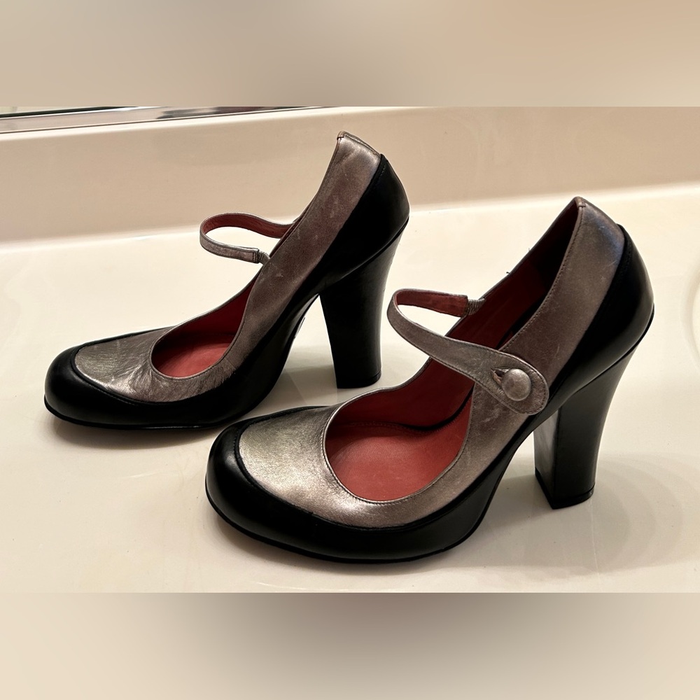 Vince Camuto Mary Jane Silver and Black Leather Heels. Size 9.5B/39.5